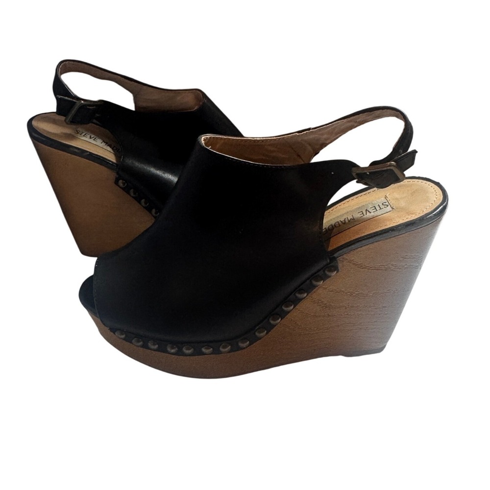 Steve Madden Tryffle Black Leather Studded Wood Wedge Slingback Sandals 6.5M Y2K